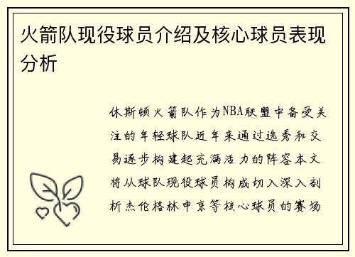 火箭队现役球员介绍及核心球员表现分析